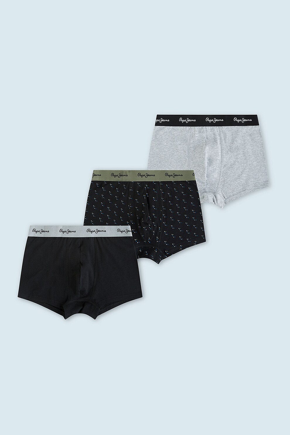 Pepe Jeans London, Set de boxeri cu banda elastica in talie - 3 perechi, Negru/Gri melange/Verde militar