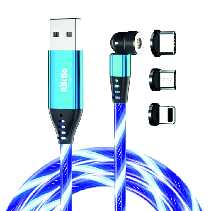 Cablu de incarcare rapida si transfer de date cu iluminare LED, 5pini, 3A magnetic RiKbo® 3 in 1 tip Lightning, Type-C, micro-USB rotatie 540 grade, Lungime 1 metru Bleu