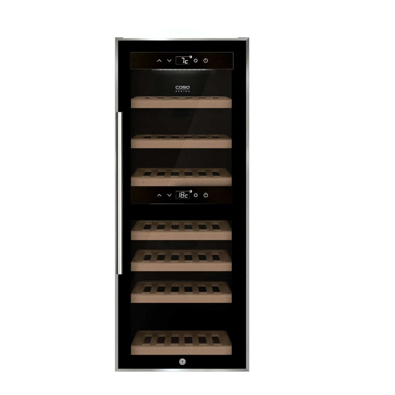 Racitor de vin Caso Germany, WineComfort 38, capacitate 38 sticle, 2 zone de racire 5-20°C, compresor, touch control, usa anti-UV, sistem anti-vibratii, iluminare LED, editie speciala, negru