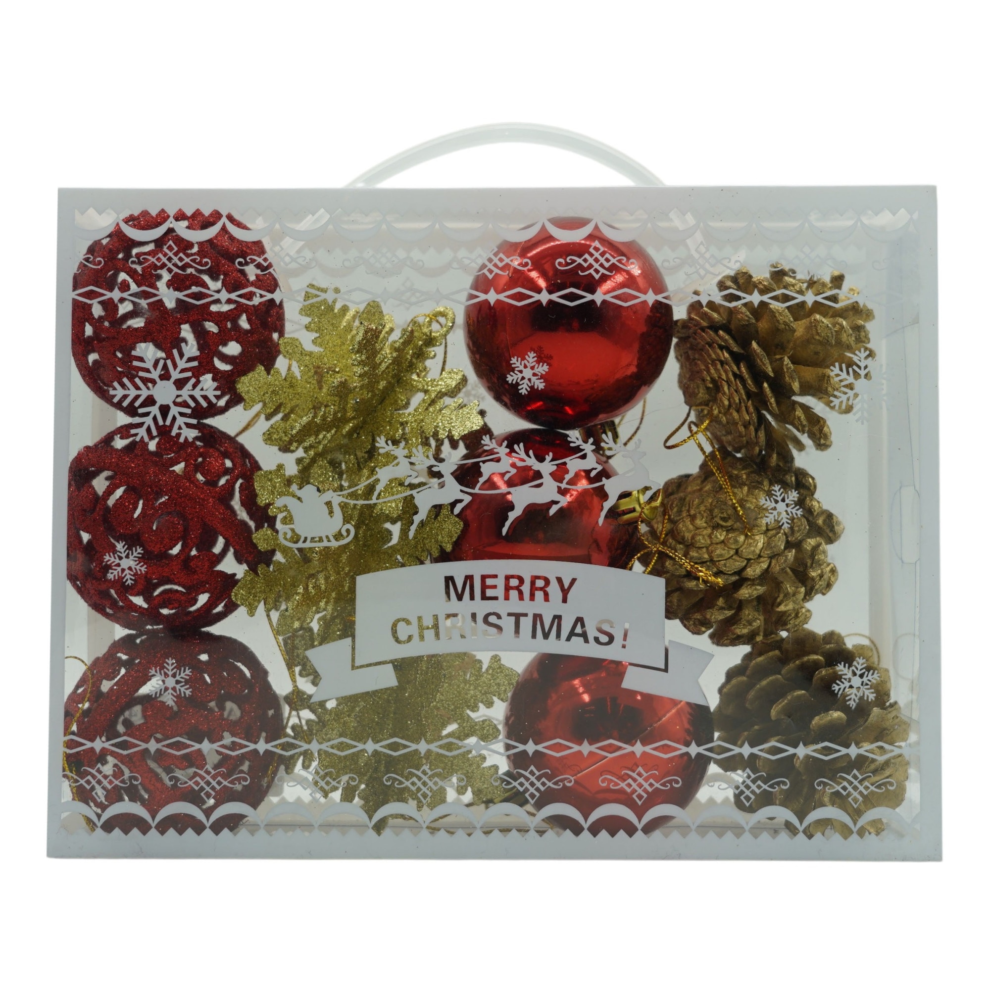 Set de 12 ornamente de brad, Flippy, de tip Glob, Rosu/ Auriu, din plastic, cu finisaj sclipitor , cutie 6 cm adancime x 23 cm lungime x 18 cm inaltime