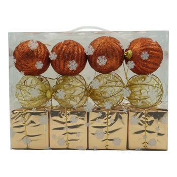 Set de 12 ornamente de brad, Flippy, de tip Glob, Cupru/ Auriu, din polistiren, cu finisaj sclipitor , cutie 6 cm adancime x 23 cm lungime x 18 cm inaltime Set de 12 ornamente de brad, Flippy, de tip Glob, Cupru/ Auriu, din polistiren, cu finisaj sclipitor , cutie 6 cm adancime x 23 cm lungime x 18 cm inaltime