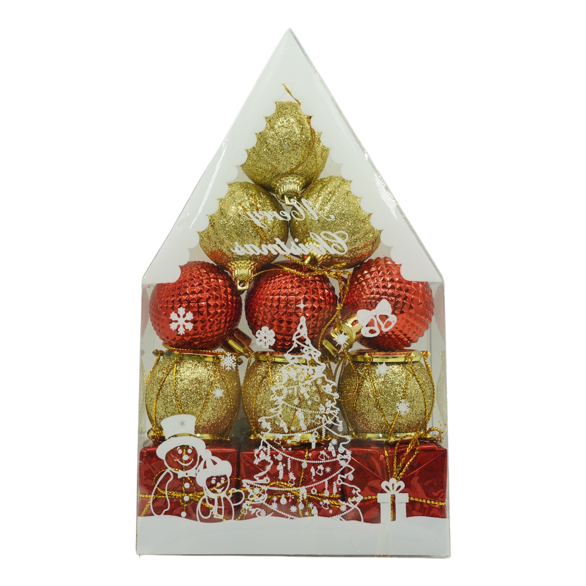 Set de 12 ornamente de brad, Flippy, de tip Glob, Rosu/ Auriu, din polistiren, cu finisaj sclipitor , cutie 4 cm adancime x 20 cm inaltime x 12 cm lungime)