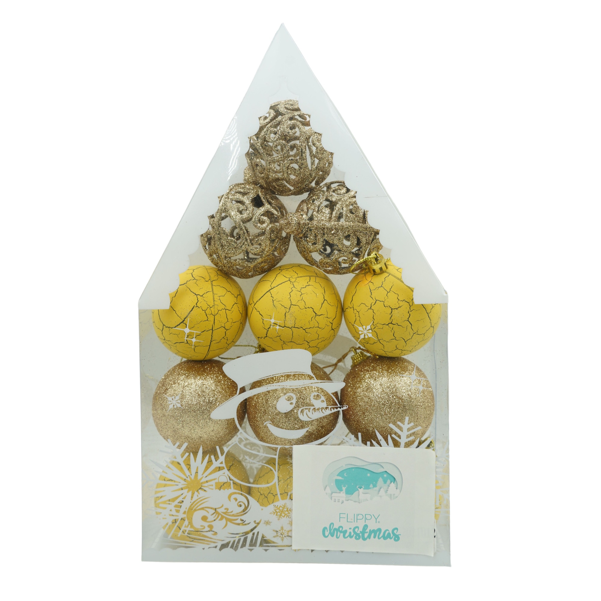 Set de 12 ornamente de brad, Flippy, de tip Glob, Auriu/ Galben, din plastic, cu finisaj sclipitor , cutie 6 cm adancime x 30 cm inaltime x 18 cm lungime)