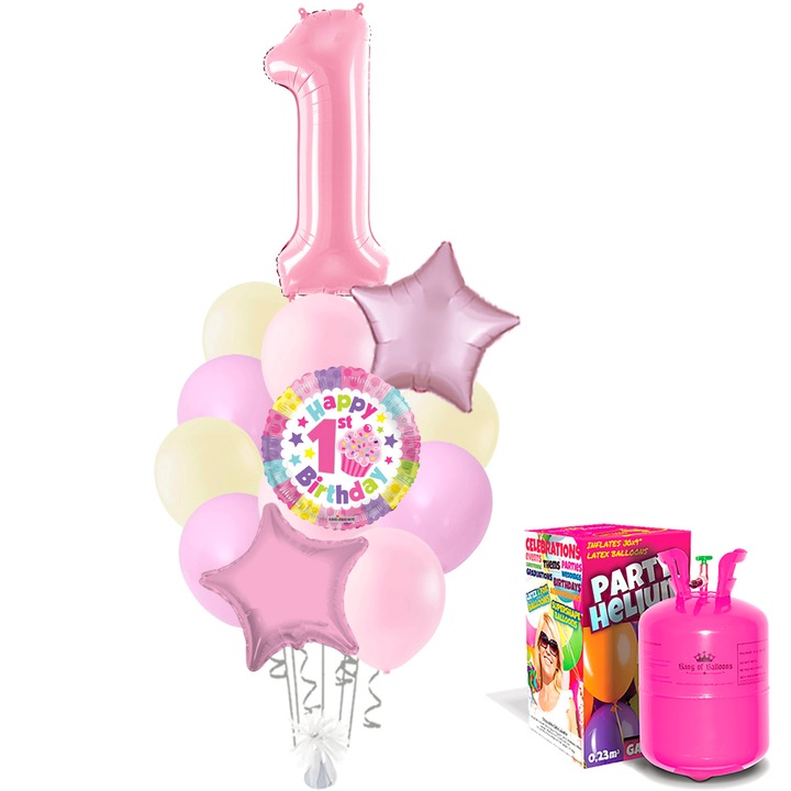 Set Baloane Prima Aniversare 1 An Fetita, 1 balon folie cifra, 3 baloane folie 45cm, 9 Baloane latex Macaron, Butelie Heliu Mica - 2025107 Balloons Shop