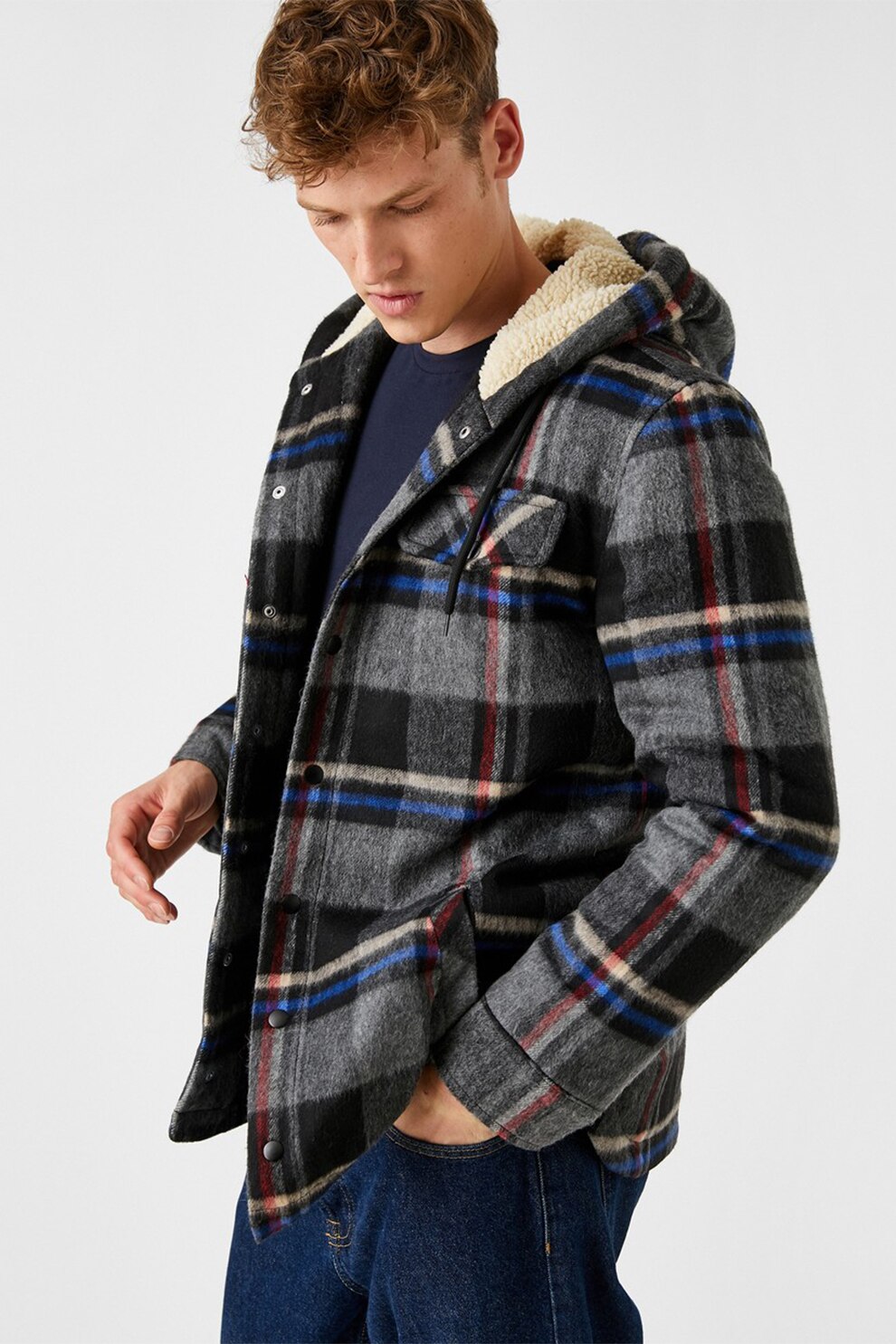 KOTON, Palton cu gluga si capse, Gri inchis/Negru/Albastru, S