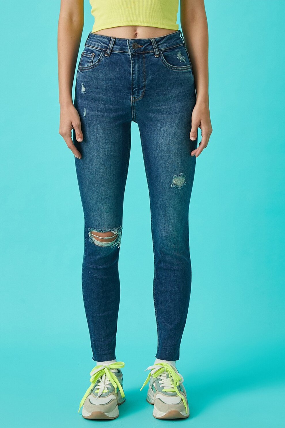 KOTON, Blugi skinny cu talie inalta, Albastru inchis/Alb prafuit