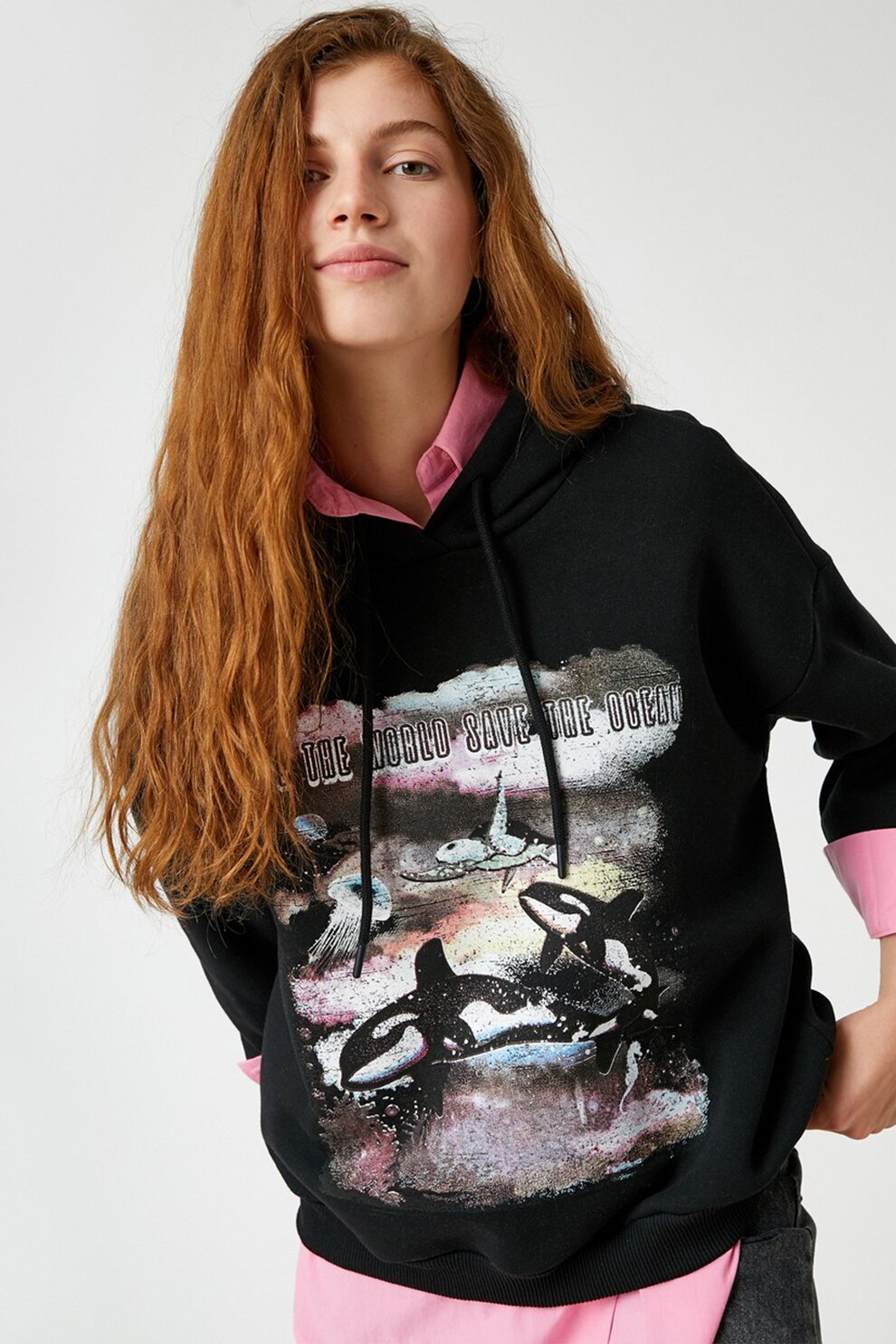 KOTON, Hanorac cu imprimeu supradimensionat, Negru/Gri/Alb prafuit