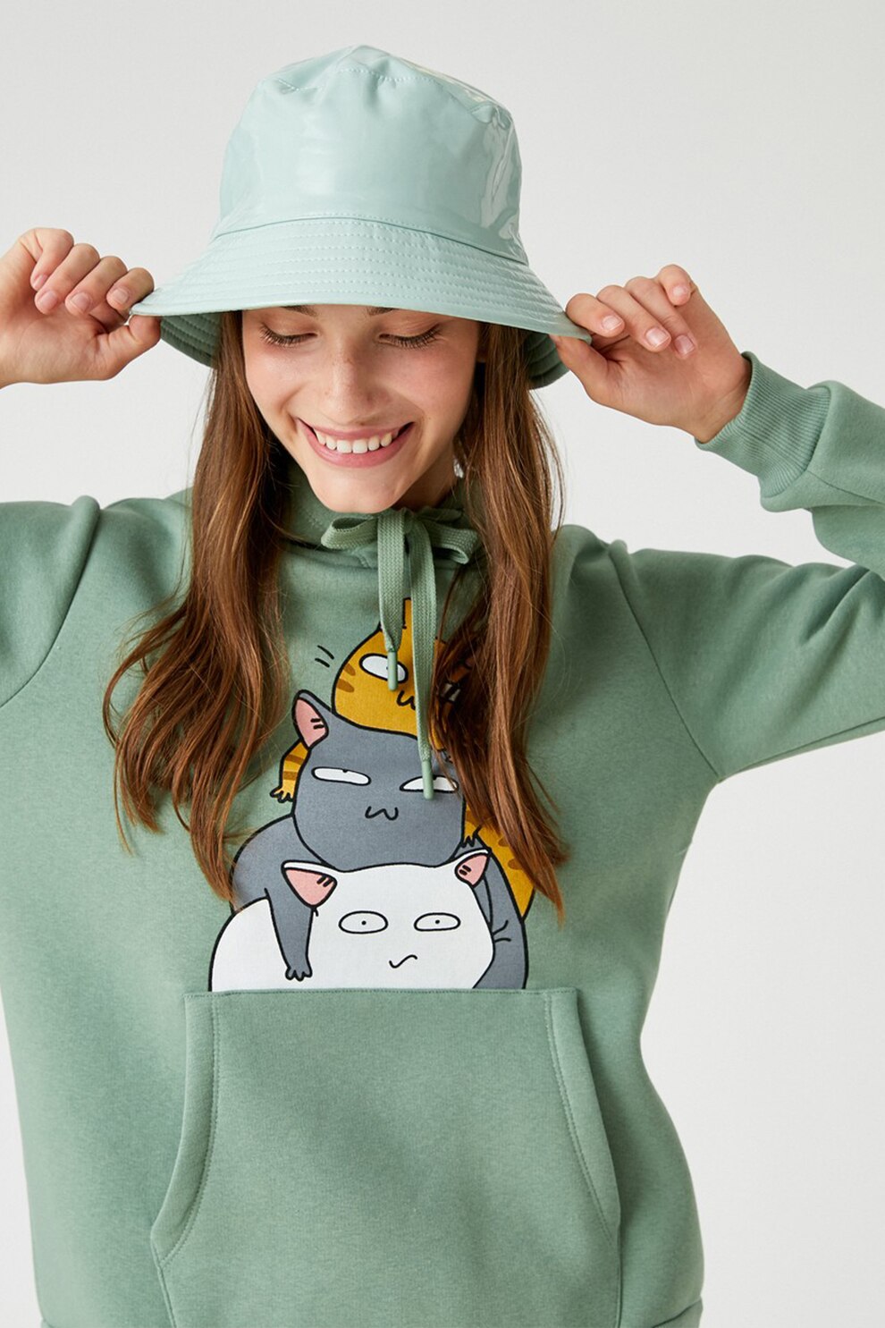 KOTON, Hanorac cu maneci lungi si imprimeu, Verde deschis/Gri/Galben sofran, XS