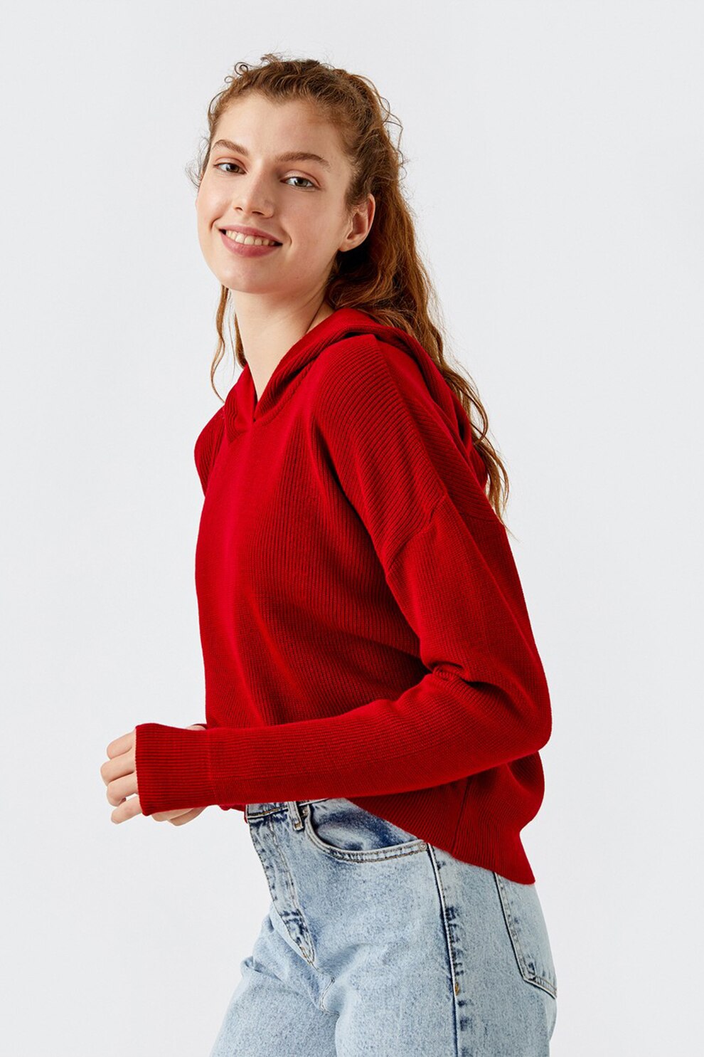 KOTON, Hanorac din tricot cu maneci cazute, Rosu