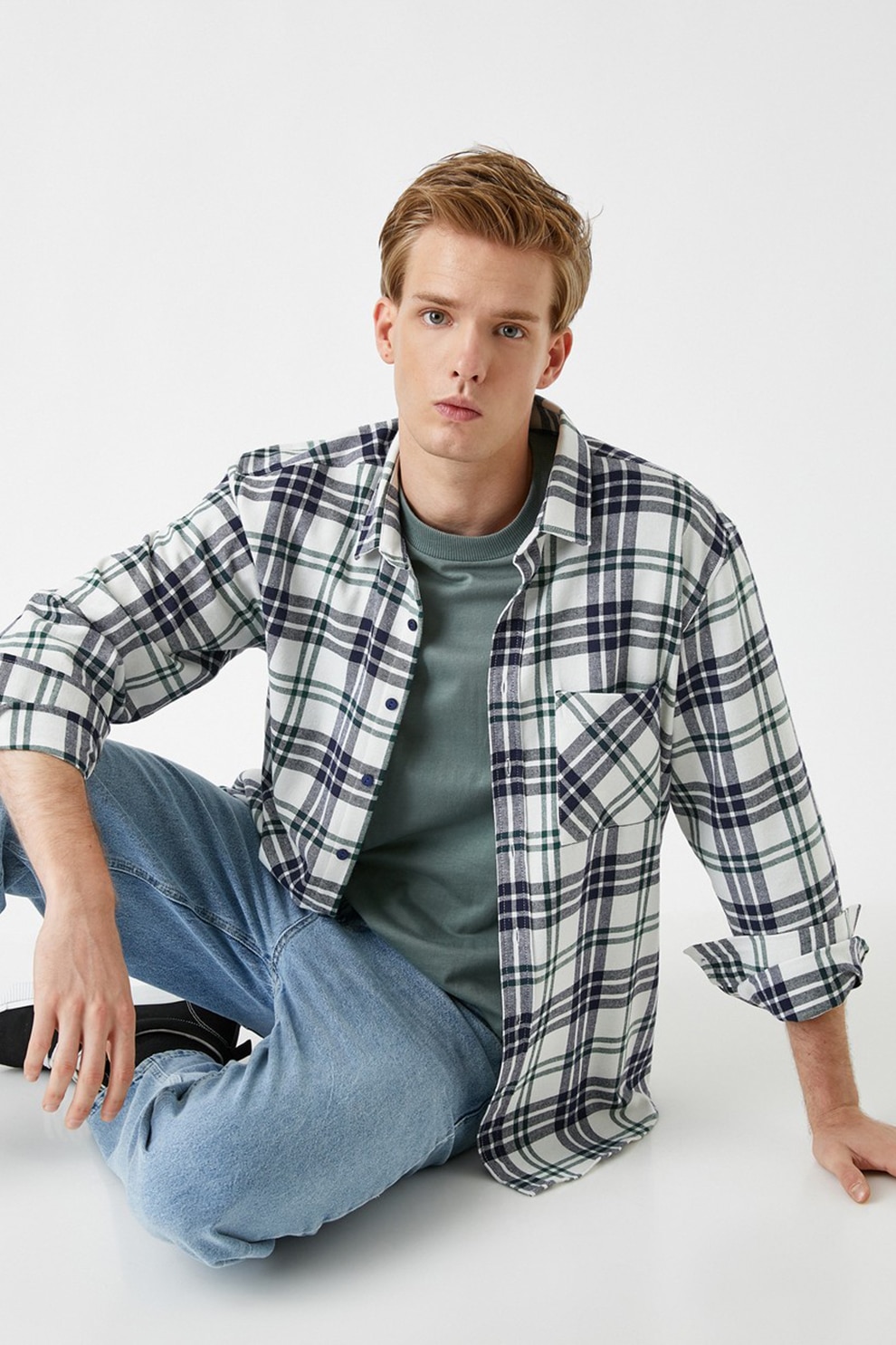 KOTON, Camasa in carouri cu buzunar pe piept, Alb/Bleumarin/Verde, S