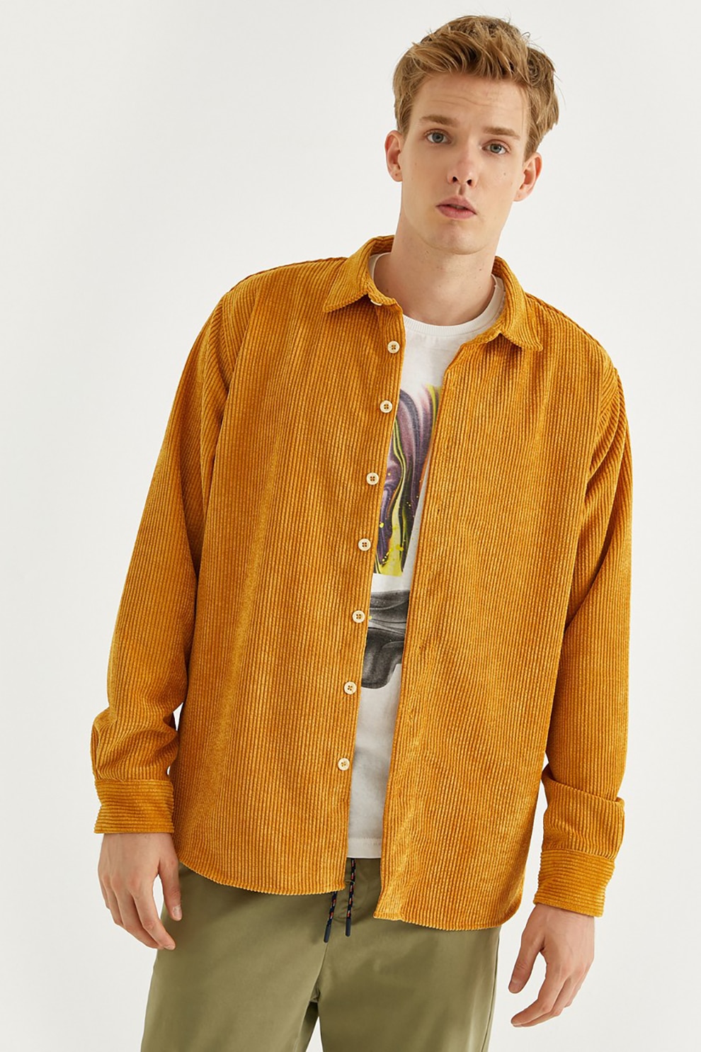 KOTON, Camasa din reiat cu guler clasic, Ocru