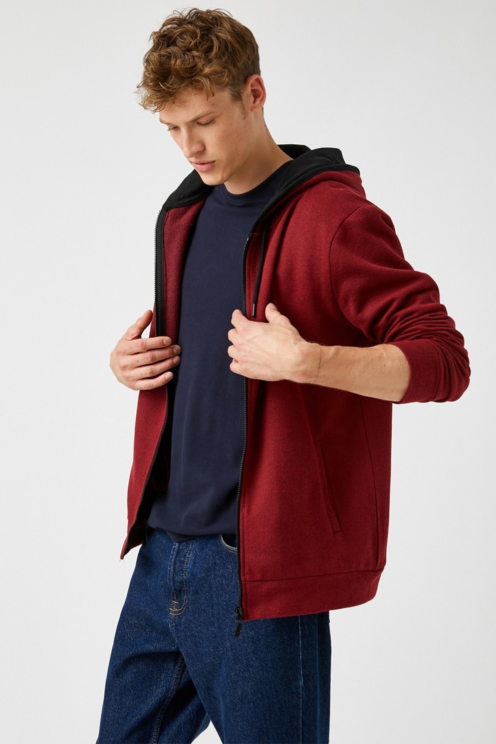 KOTON, Hanorac cu fermoar si aspect texturat, Rosu bordeaux/Negru, S