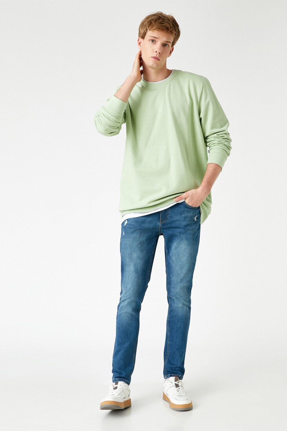 KOTON, Blugi skinny cu aspect decolorat, Albastru