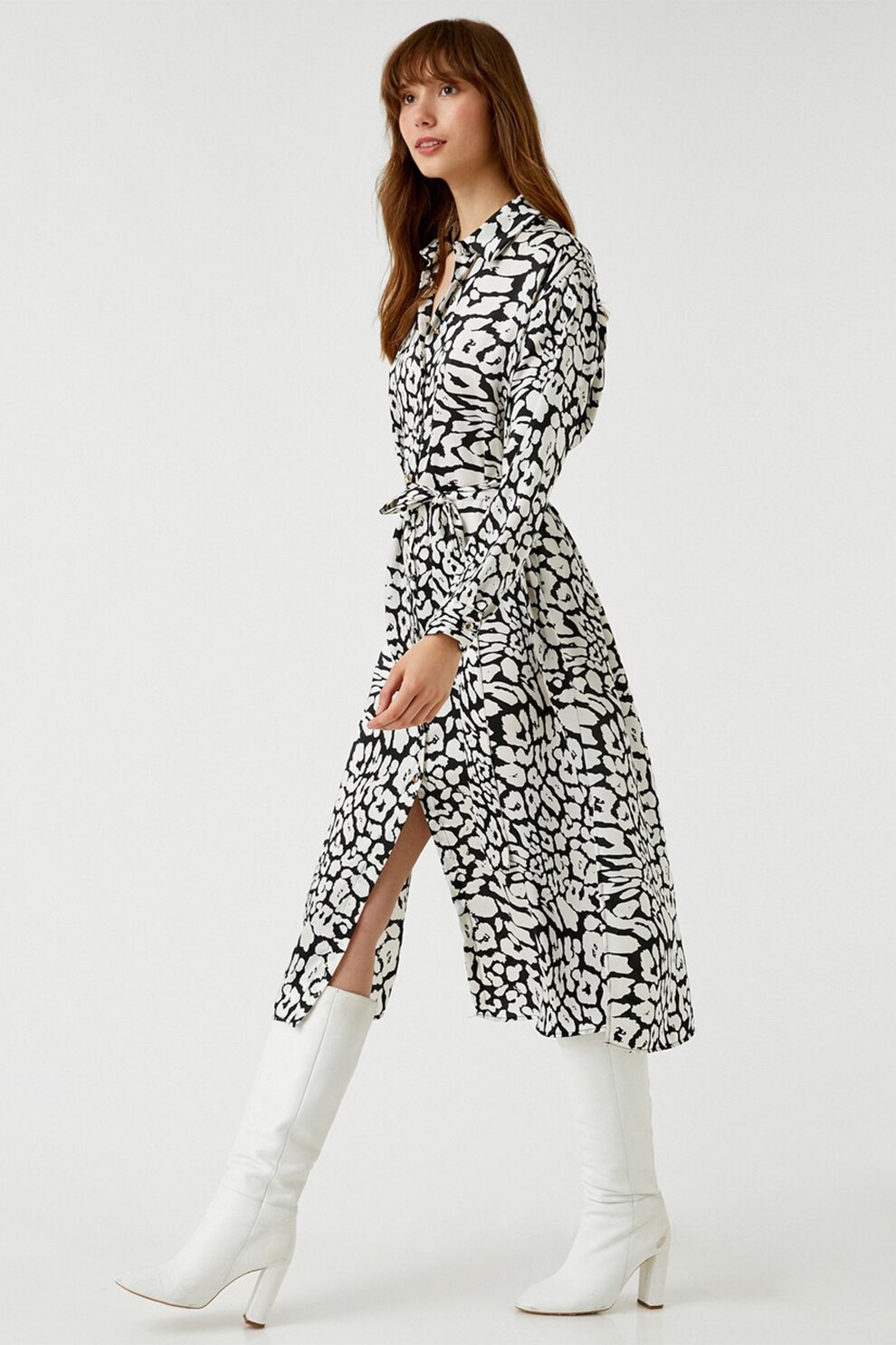 KOTON, Rochie-camasa midi cu animal print, Alb/Negru