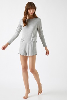 KOTON, Pantaloni scurti de pijama cu margini valurite, Gri deschis melange KOTON, Pantaloni scurti de pijama cu margini valurite, Gri deschis melange