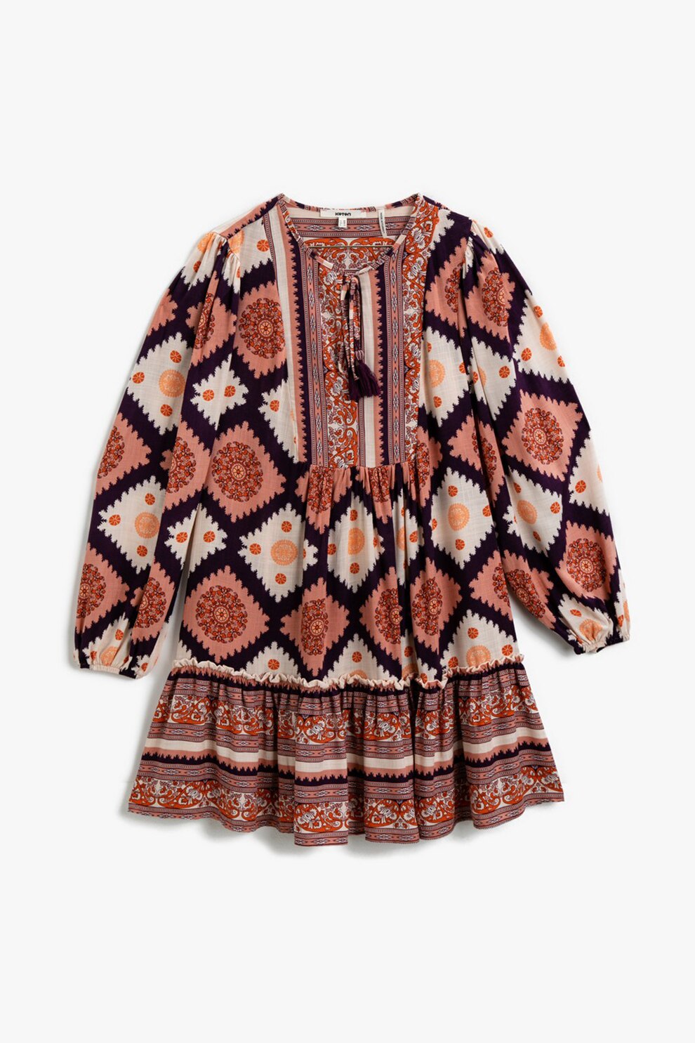 KOTON, Rochie mini cu model etnic, Roz somon/alb prafuit/negru