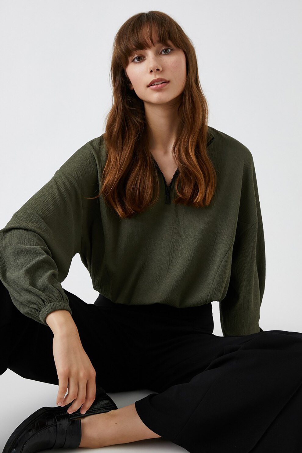 KOTON, Bluza lejera cu fenta cu fermoar, Verde militar