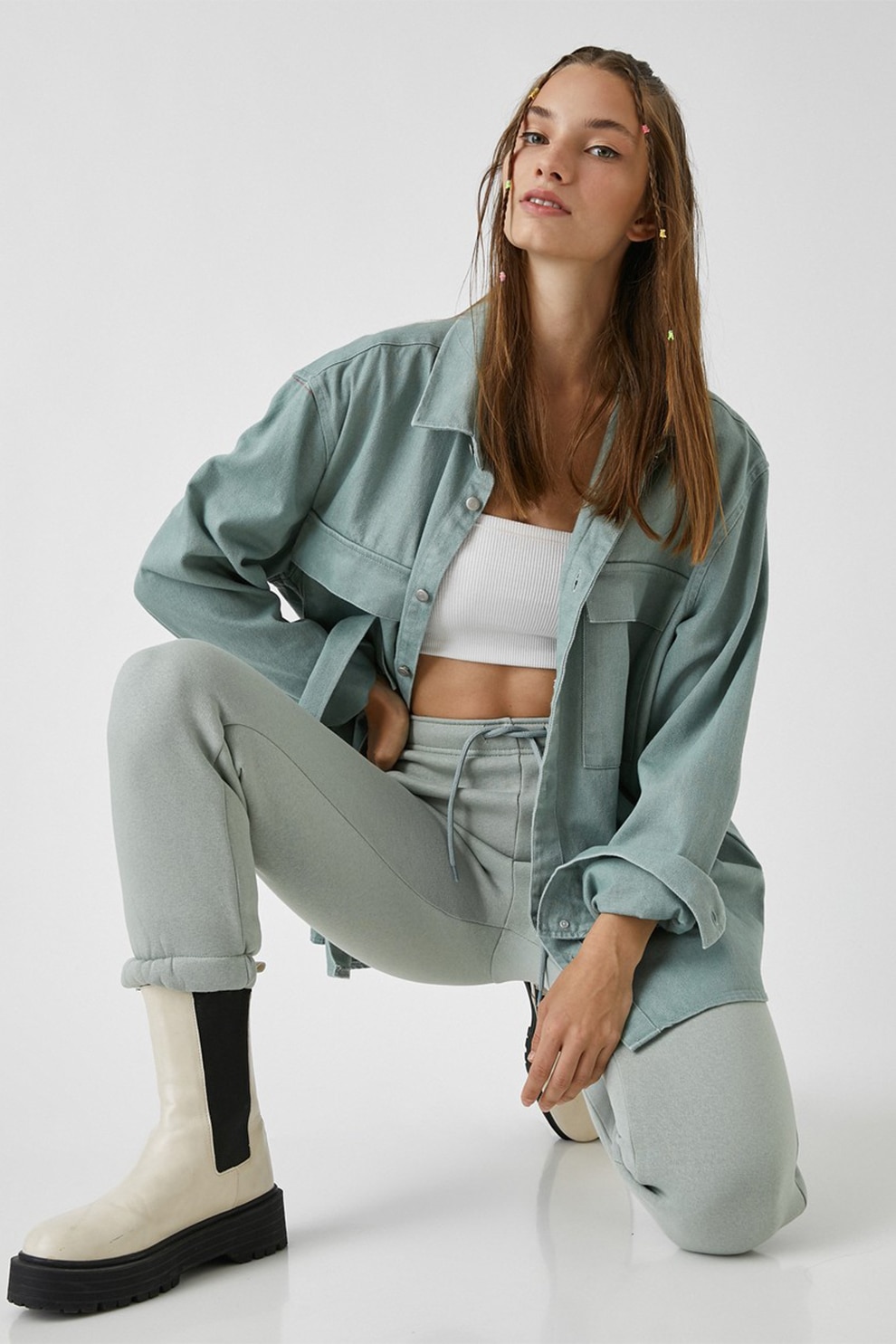 KOTON, Pantaloni sport cu talie inalta, Gri deschis