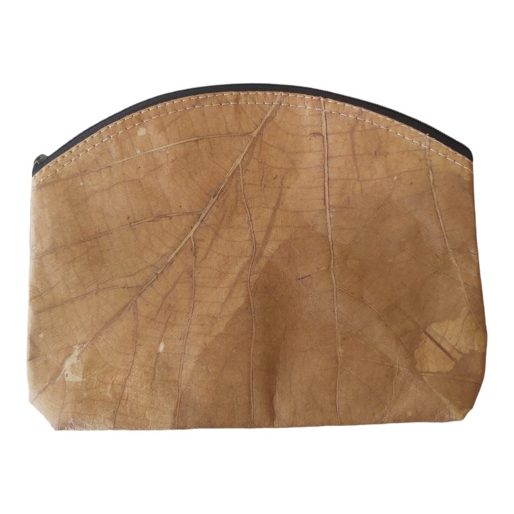 Geanta pentru cosmetice din frunze reale, Mihido, ANA, Piele ecologica, Natur, Bej, 26x19x5 cm