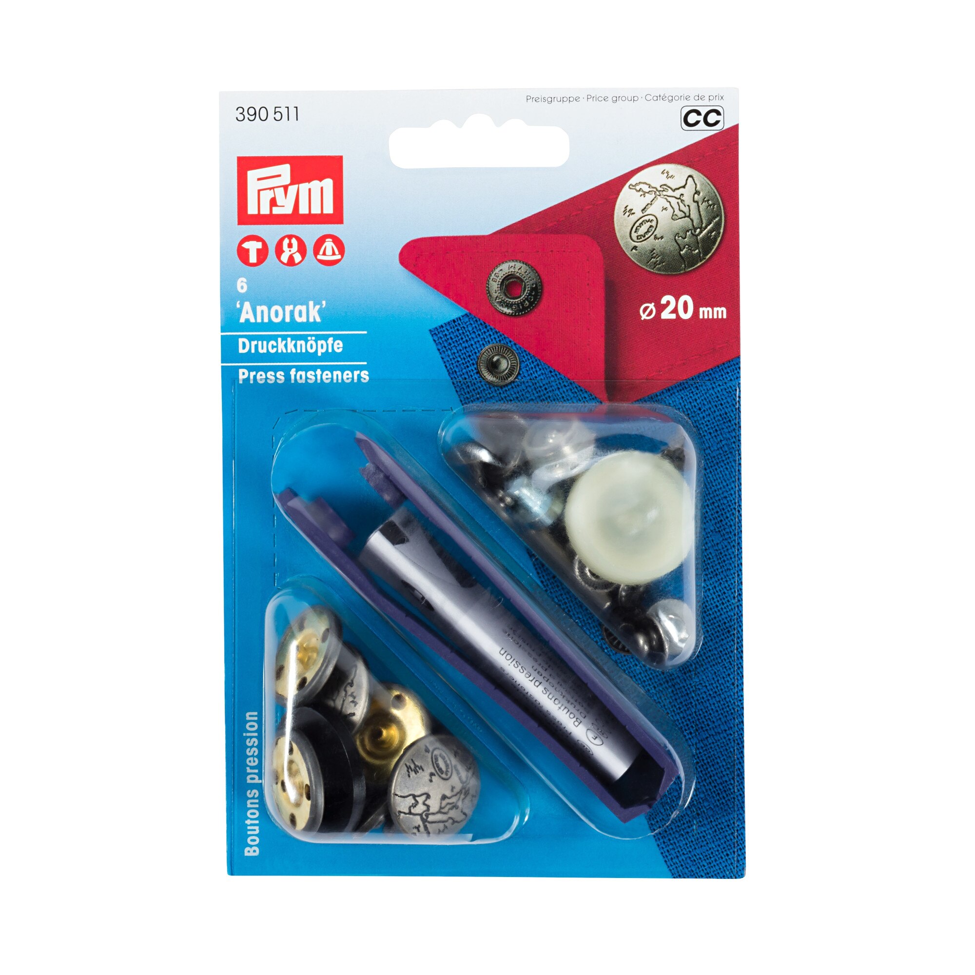 Capse metalice, anorak pentru textile, de 20 mm, argintiu mat, capac cu design excursion, cu aplicator, 6 buc, Prym