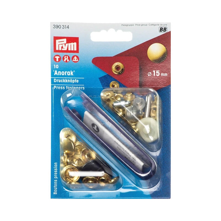 Set capse metalice, anorak pentru textile, finisaj auriu, de 15 mm, cu aplicator, 10 perechi, Prym