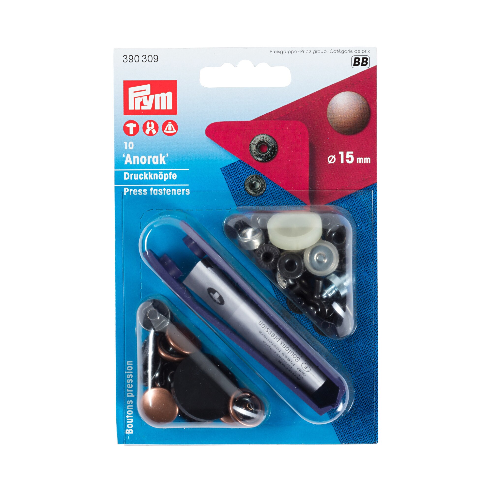Set capse metalice, anorak pentru textile, culoare cupru antic, de 15 mm, cu aplicator, 10 perechi, Prym