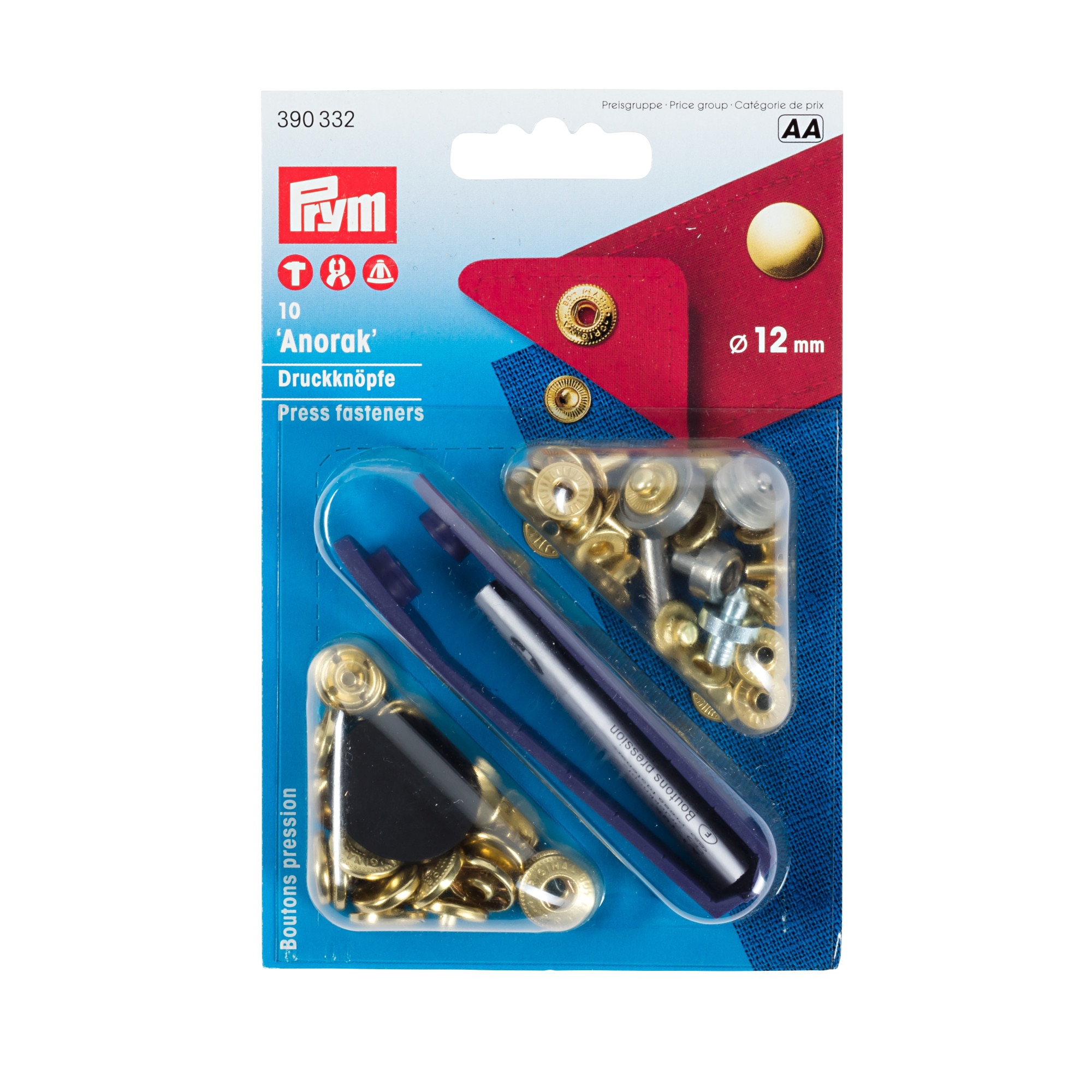 Set capse metalice, anorak pentru textile, de 12 mm, auriu, cu aplicator, 10 perechi Prym