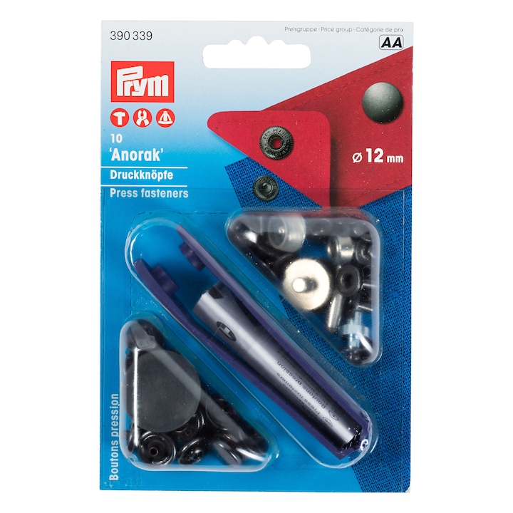 Set capse metalice, anorak pentru textile, de 12 mm, negru, cu aplicator, 10 perechi Prym