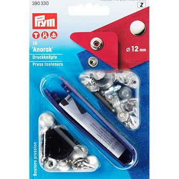 Set capse metalice, anorak pentru textile, de 12 mm, argintii, cu aplicator, 10 perechi Prym Set capse metalice, anorak pentru textile, de 12 mm, argintii, cu aplicator, 10 perechi Prym