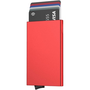 Portofel Pop-up slim din aluminiu, ASKSA, protectie RFID, capacitate 6 carduri, Rosu Portofel Pop-up slim din aluminiu, ASKSA, protectie RFID, capacitate 6 carduri, Rosu