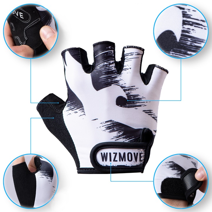 Ръкавици за колоездене без пръсти WizMove, черно-бели, M