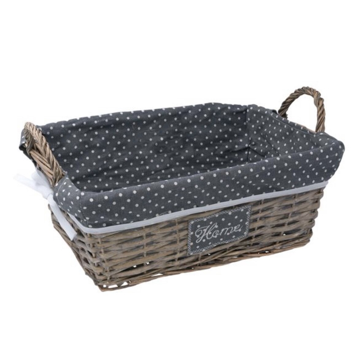 Cos de depozitare, Arly, cu manere si captusit, tesatura de culoare neagra cu buline, lemn, 38 x 26 x 14 cm