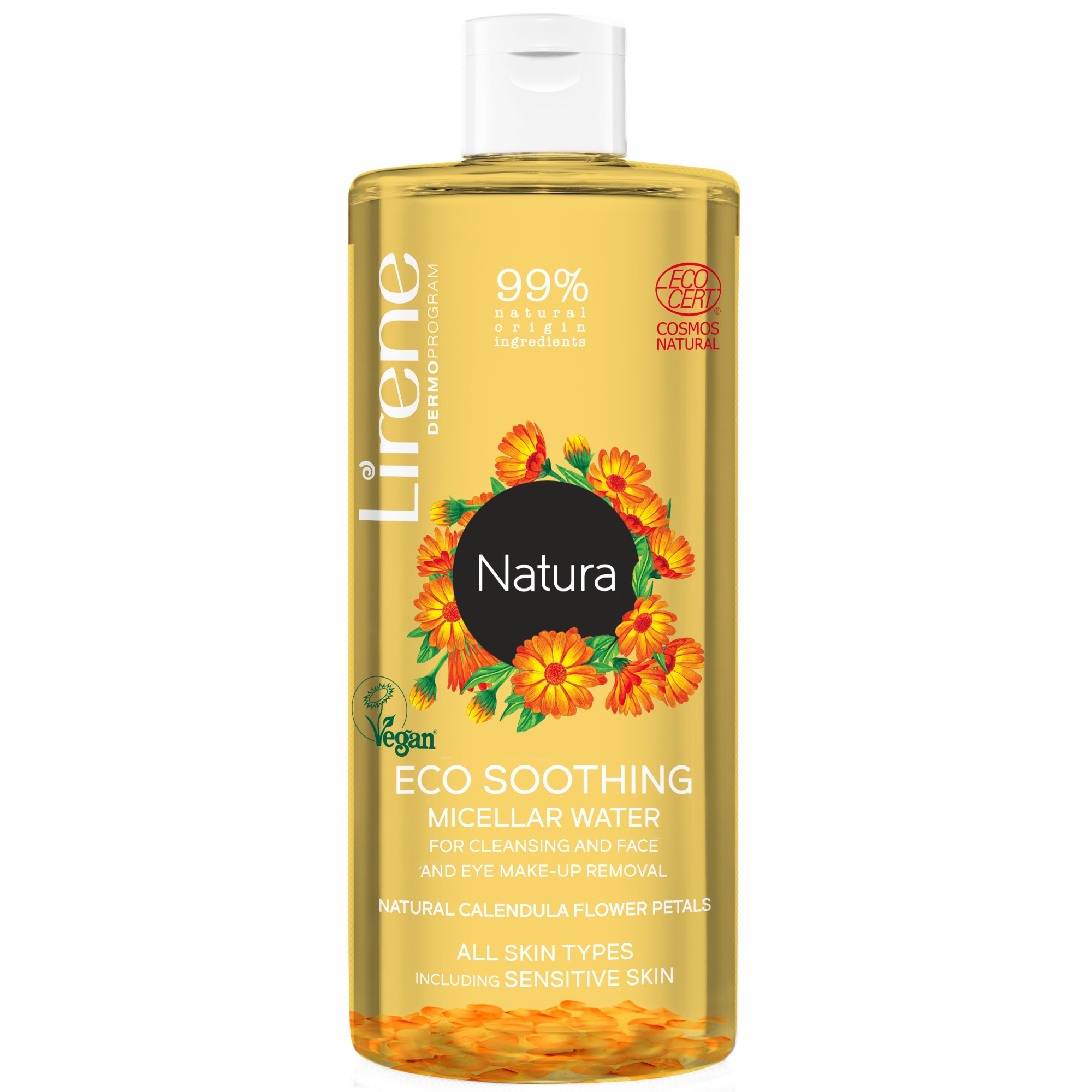 Apa micelara calmanta Lirene Natura, cu petale naturale de galbenele, 99% ingrediente naturale, 400ml
