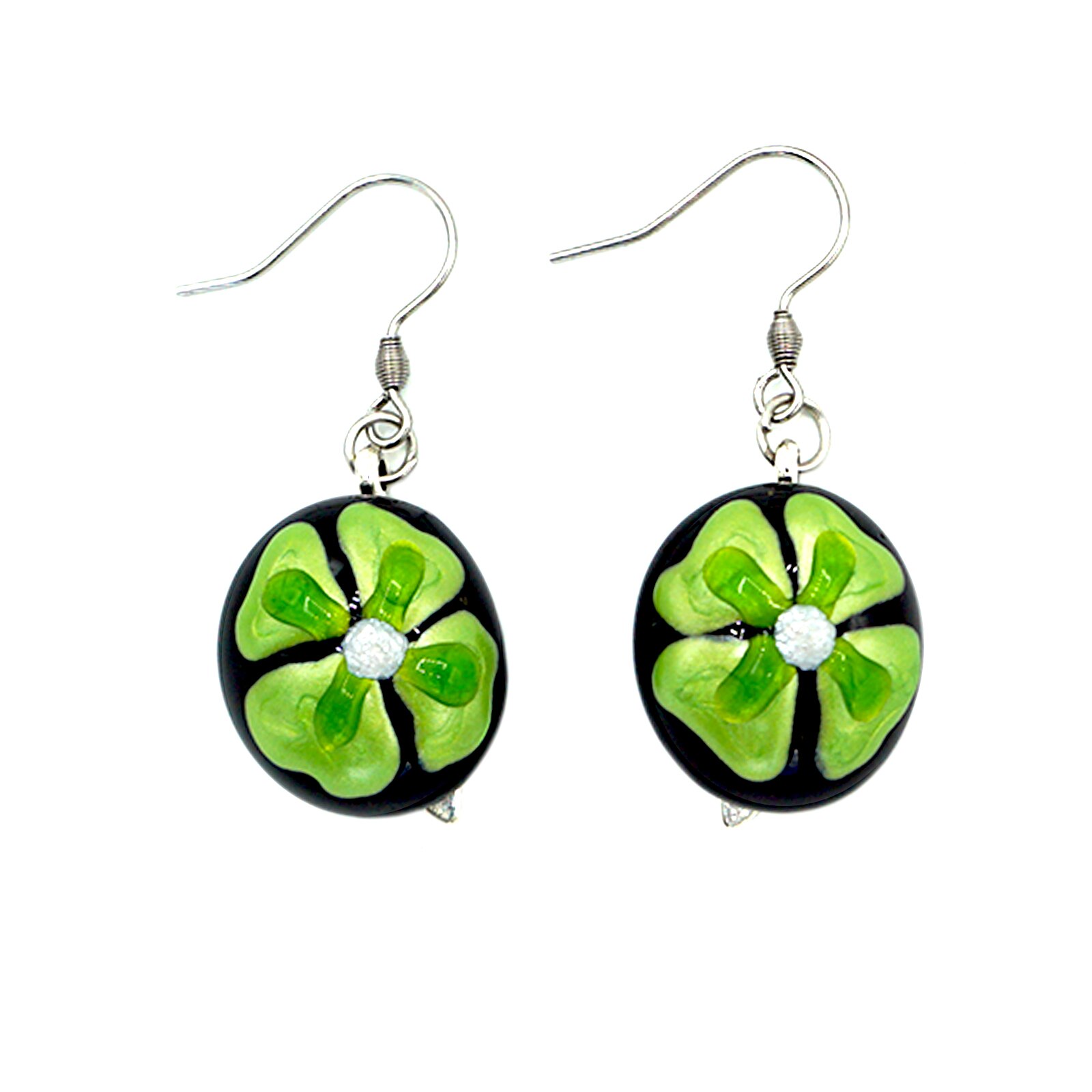 Cercei pictati 3D, bijuterie handmade, Regalo - Trifoi norocos, accesorii inox si sticla, cutie cadou