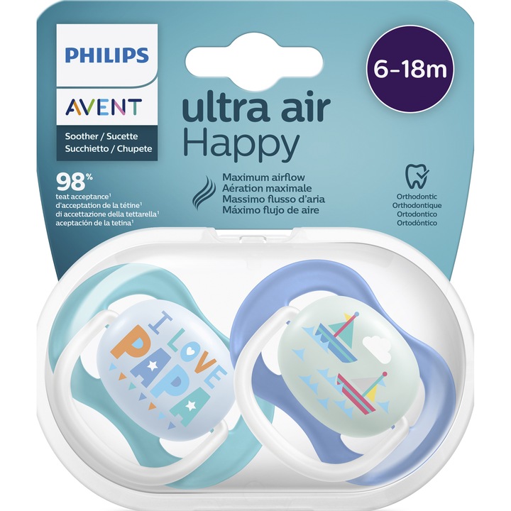 Комплект 2 залъгалки Philips-AVENT SCF080/03 Ultra Air, 6-18 месеца, Син/Зелен