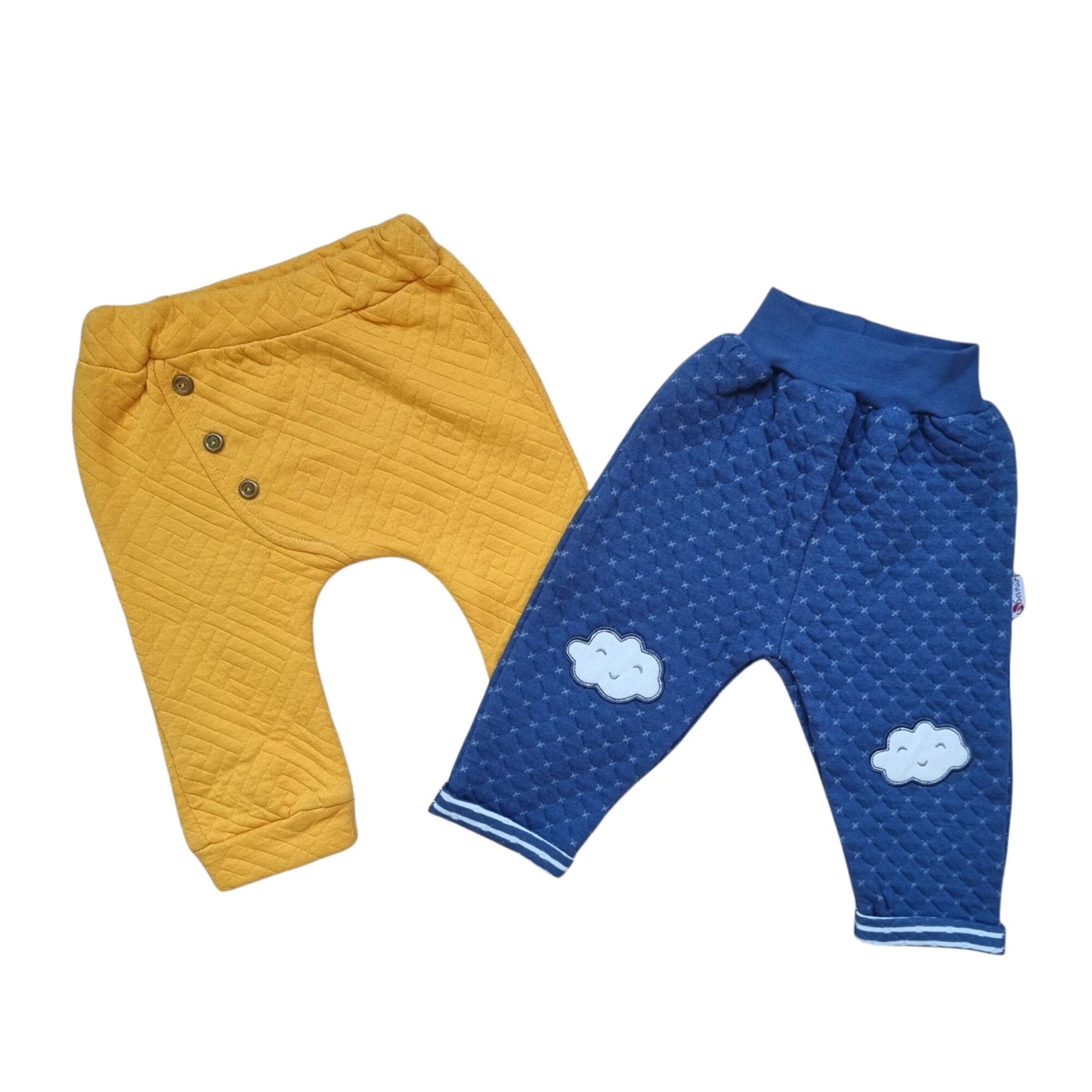 Set 2 pantaloni casual baieti din bumbac, varsta 12 luni, 80 cm, Galben/Bleumarin