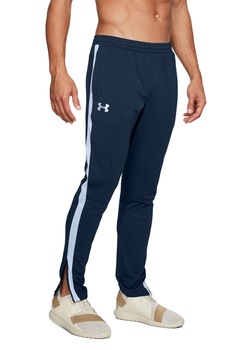 Under Armour, Pantaloni din material pique cu benzi laterale contrastante, pentru fitness Sportstyle, Bleumarin/Alb