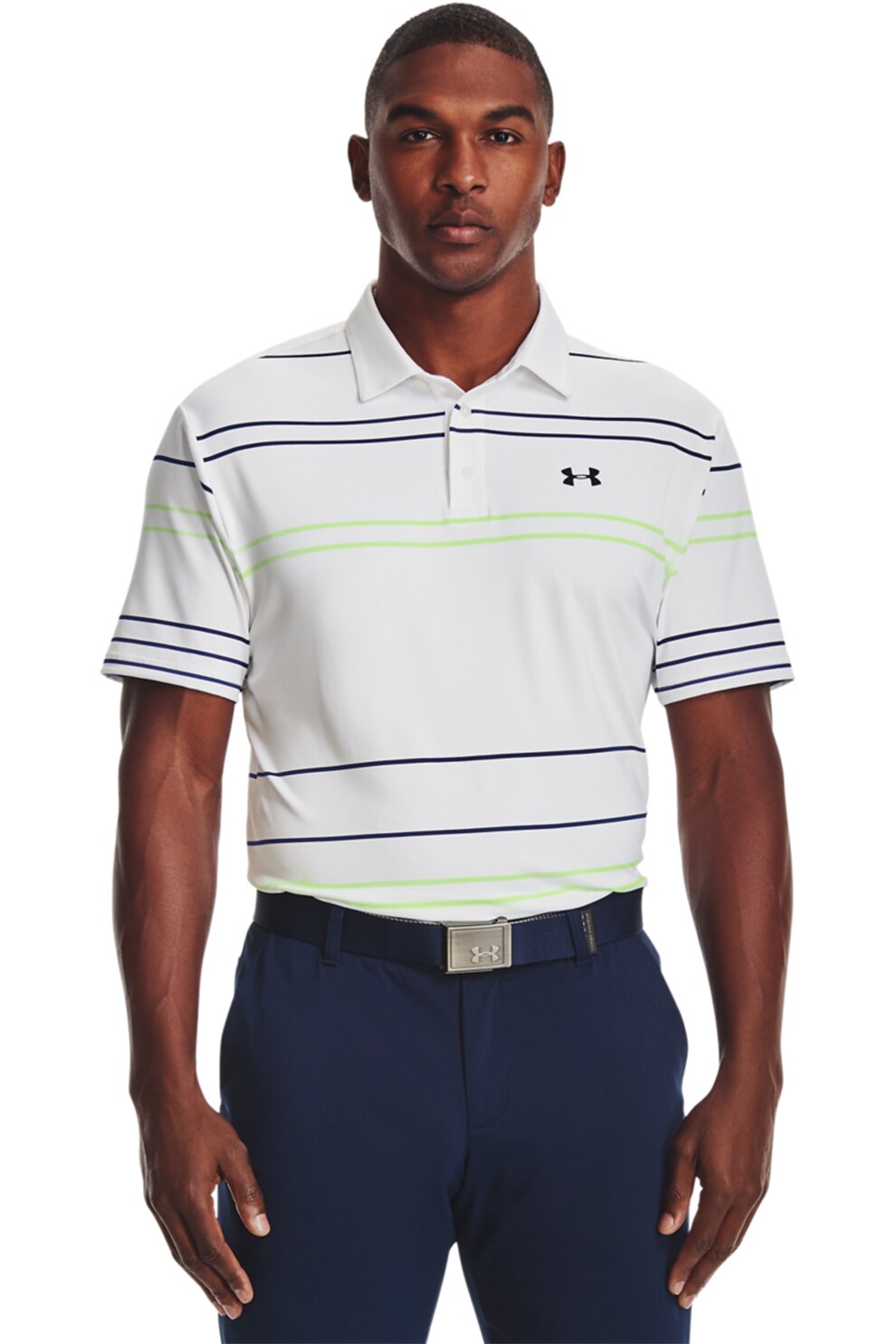 Under Armour, Tricou polo cu dungi, pentru golf Playoff, Alb/Verde lime/Bleumarin
