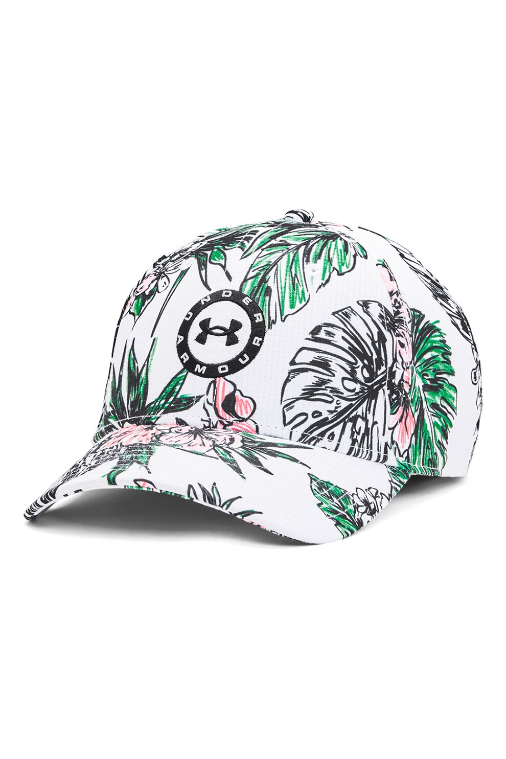Under Armour, Sapca baseball cu model tropical, pentru anterenament Jordan Spieth, Alb/Negru/Verde