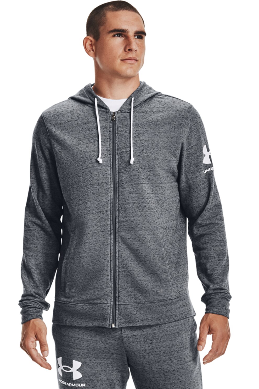 Under Armour, Hanorac din material terry cu fermoar Rival, Gri melange