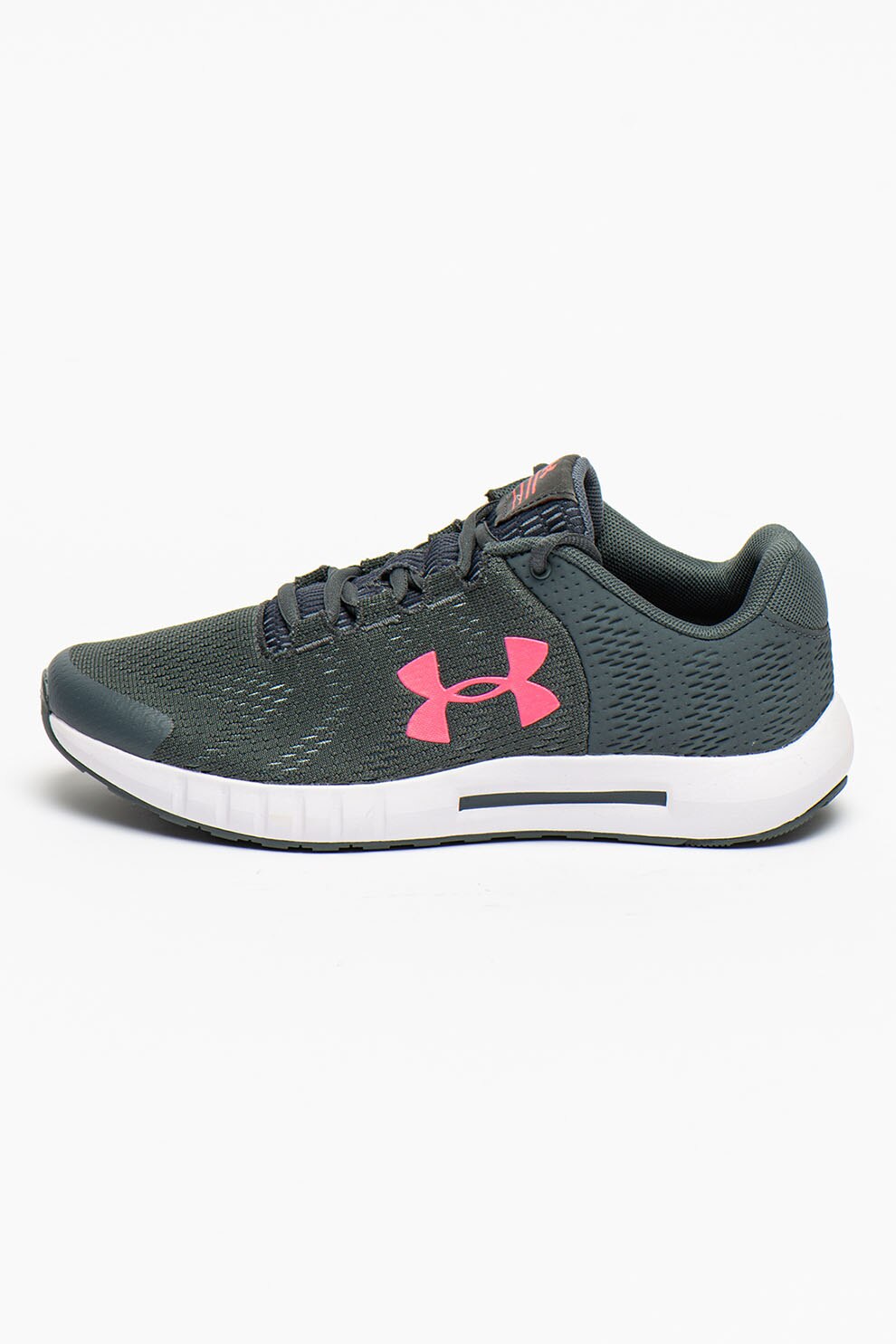 Under Armour, Pantofi din plasa tricotata, pentru alergare Pursuit BP, Gri cenusa/Roz neon