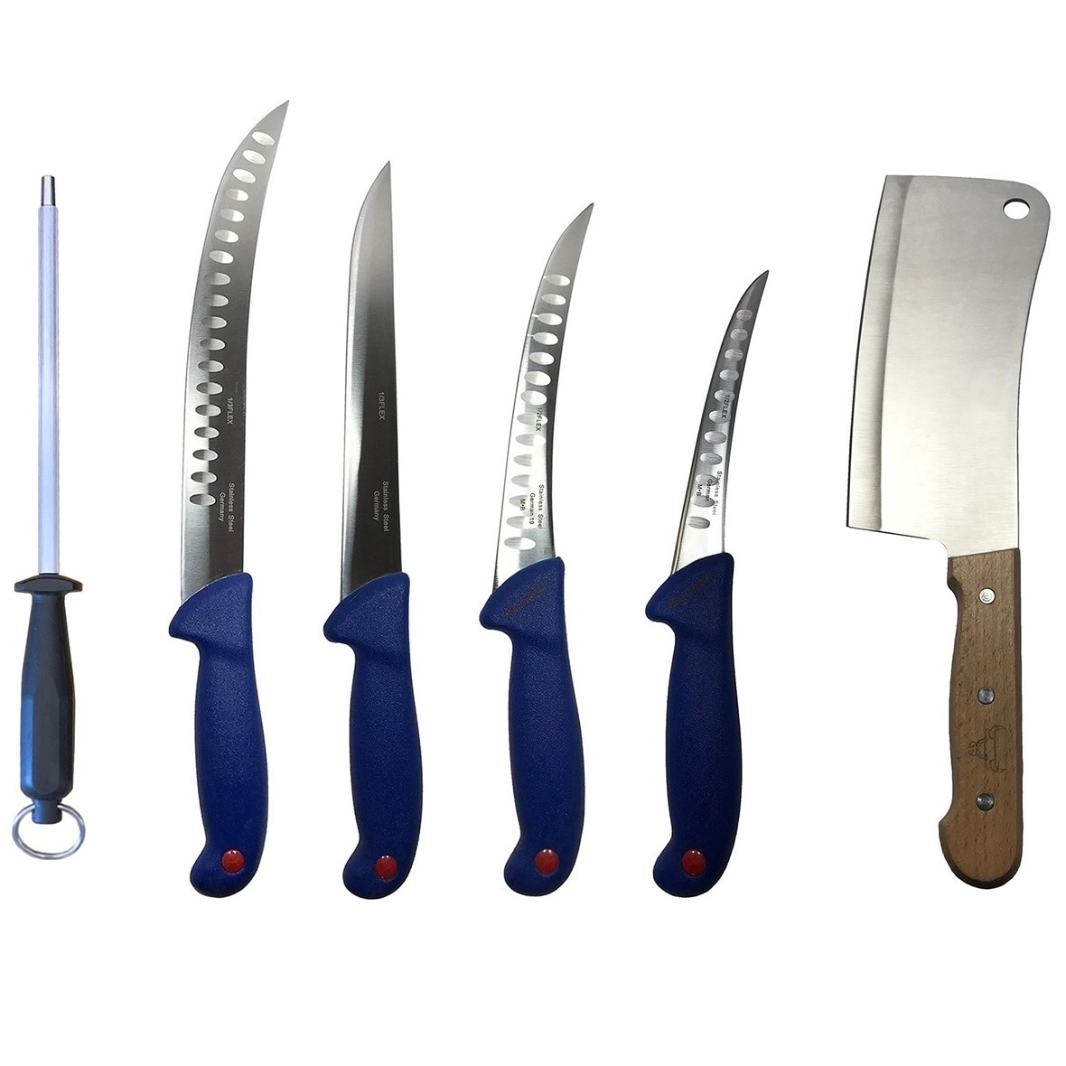 Set profesional de macelarie, injunghiat, transat, dezosat, filetat, 4 cutite, satar, masat pentru ascutit, DBD067, Globalport Retail®