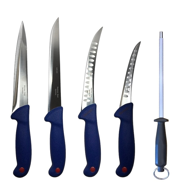 Set profesional de macelarie, injunghiat, transat, dezosat, filetat, 4 cutite, masat pentru ascutit, DBD068