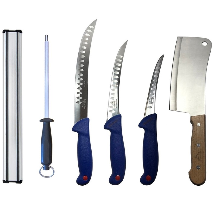 Professzionális hentes szett, daraboló, csontozó, filéző, 3 kés, bárd, élező, mágneses tartó, DBD076