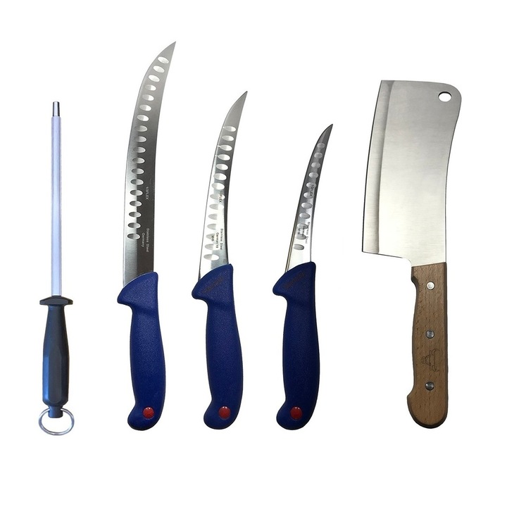 Professzionális hentes készlet, daraboló, csontozó, filéző, 3 kés, bárd, élező, DBD076
