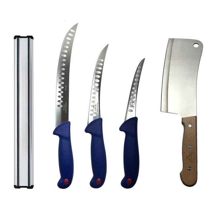 Professzionális hentes készlet, daraboló, csontozó, filéző, 3 kés, bárd, mágneses tartó, DBD076