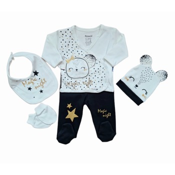 Compleu nou-nascut din 5 piese, Magic night, varsta 0-3 luni, 62cm, Alb/Negru Compleu nou-nascut din 5 piese, Magic night, varsta 0-3 luni, 62cm, Alb/Negru