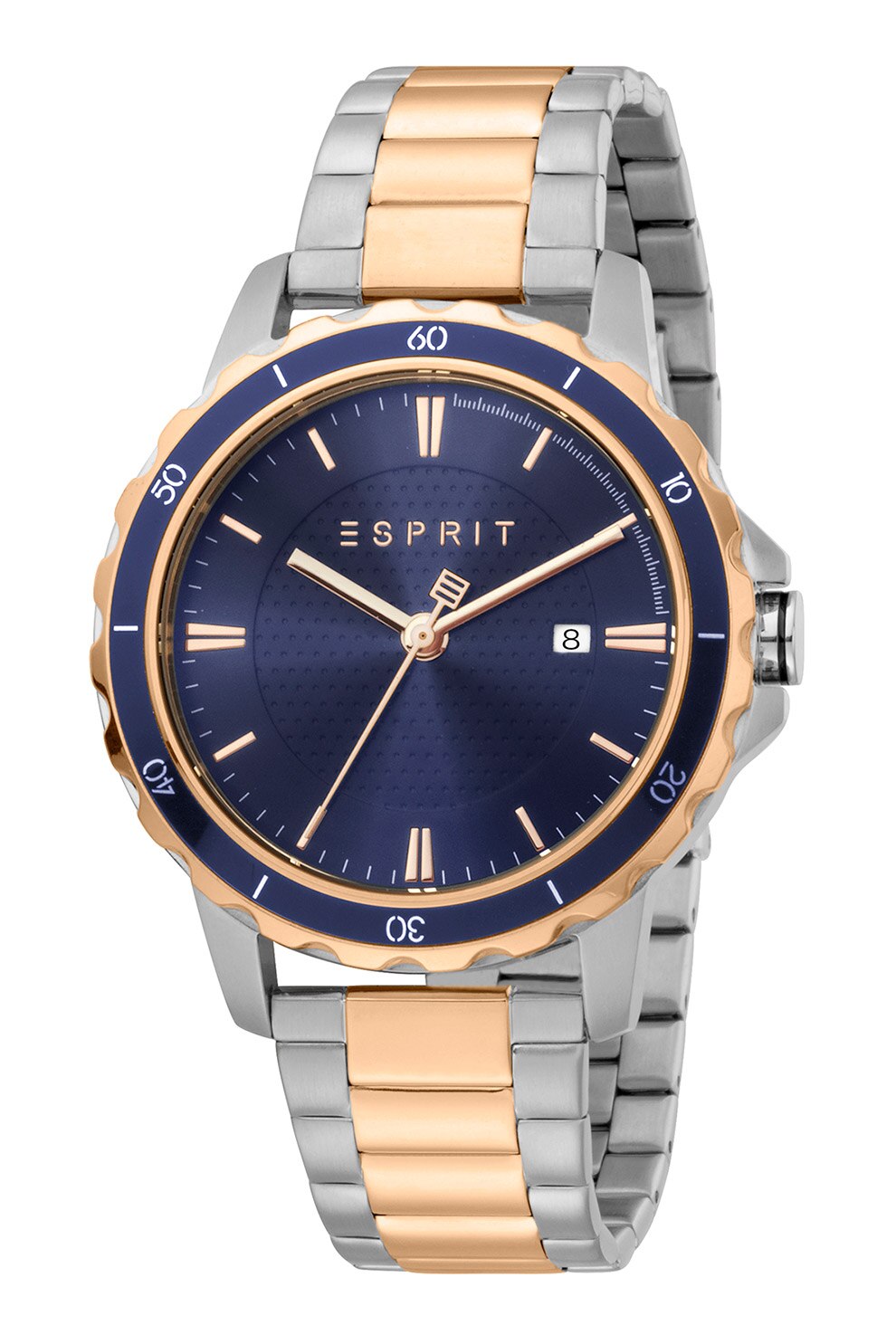Esprit, Ceas quartz din otel inoxidabil, Argintiu/Auriu rose/Bleumarin
