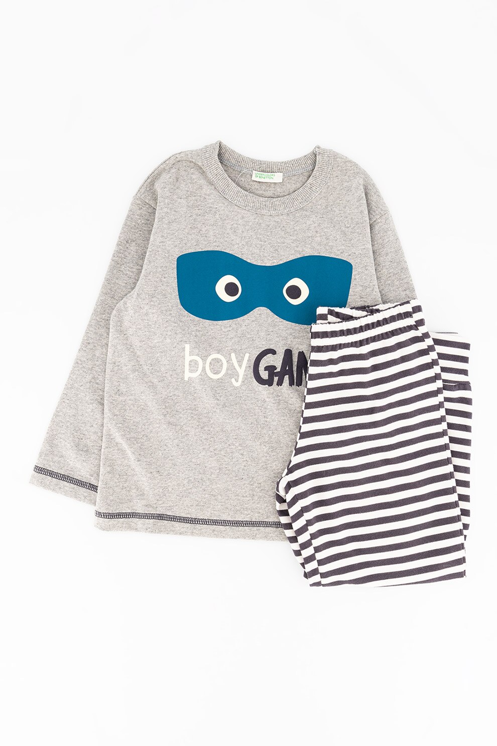 United Colors of Benetton Underwear, Pijama de bumbac cu imprimeu grafic, Gri melange/Albastru petrol/Alb prafuit