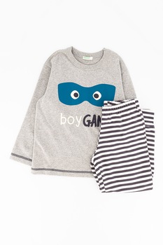 United Colors of Benetton Underwear, Pijama de bumbac cu imprimeu grafic, Gri melange/Albastru petrol/Alb prafuit United Colors of Benetton Underwear, Pijama de bumbac cu imprimeu grafic, Gri melange/Albastru petrol/Alb prafuit